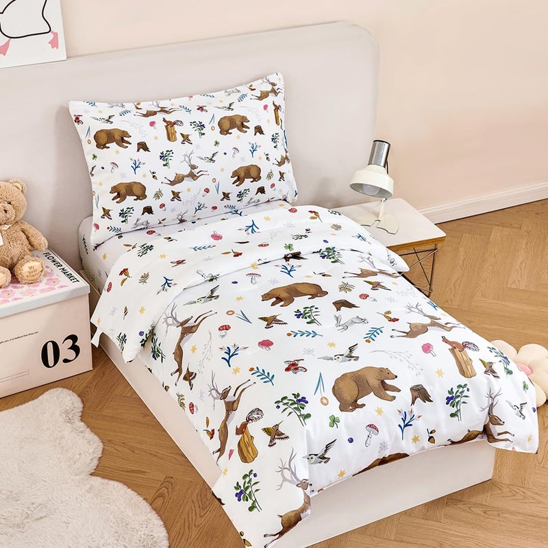 PERFEMET 4-Piece Toddler Bedding Set-Reversible Woodland Animal Toddler Bed Sets for Boys Girls-Soft Lightweight Cartoon Bear Deer Print Toddler Bed Comforter with Sheets for All Season - Image 2